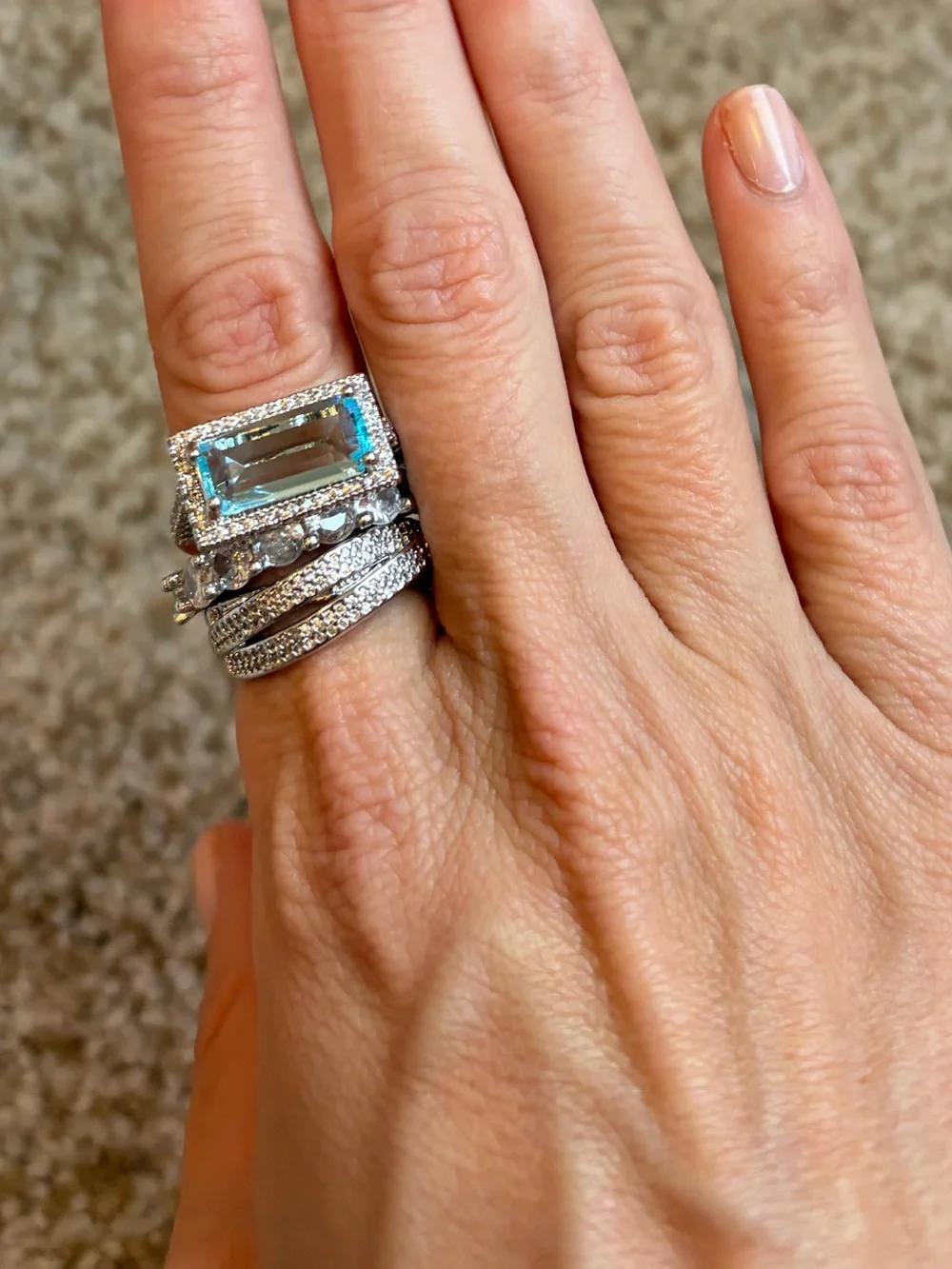 New Aquamarine Blue & Diamond 3 Ring Statement Stacked Ring Stack Set Size 7